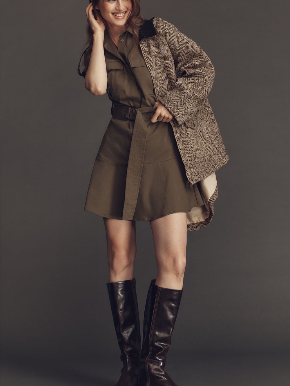 Exquise Olive Green Utility Skirt - Women's Casual Belted Dress